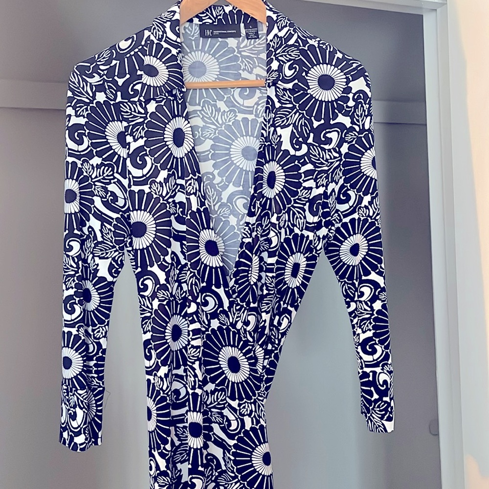 INC International Concepts Navy Print 3/4 Sleeve Wrap Dress Size S